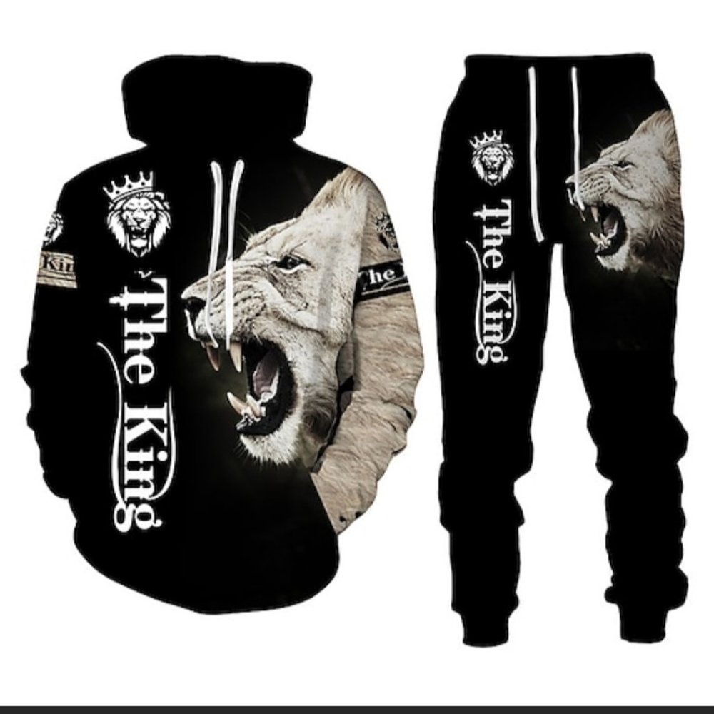 Mens White Lion Leo Graphic Track Suit Hoodie Set "The King"